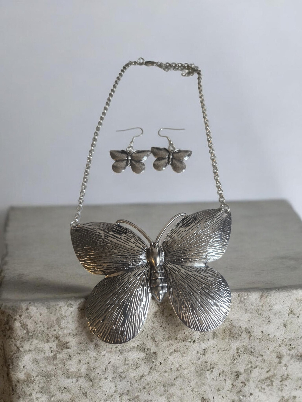 Silver Butterfly Necklace and Earring Set